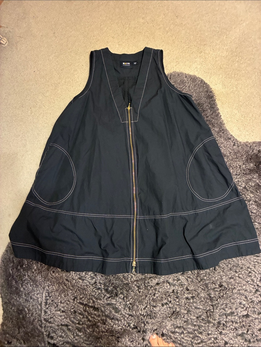 Black A-Line Zip Front Dress with Contrast Stitching